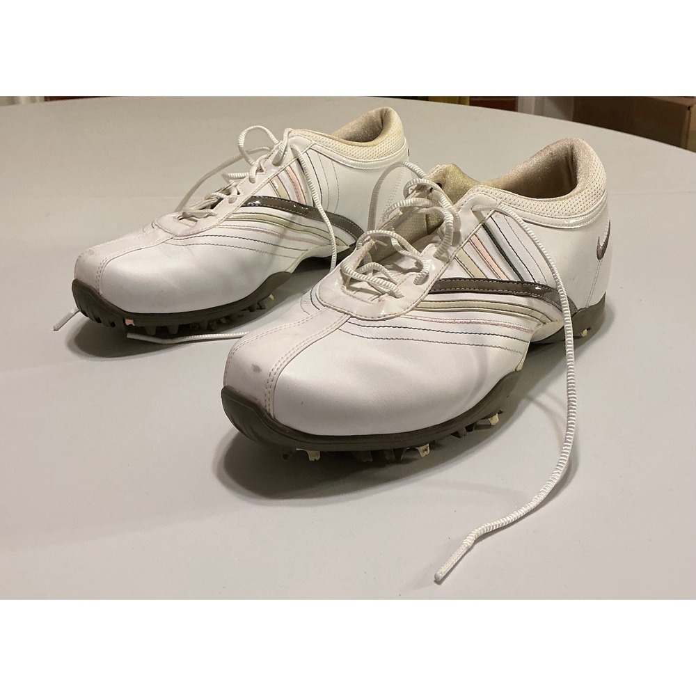 Nike Womens Golf Shoes White Brown Pink Leather Spikes Preppy Size 8.5